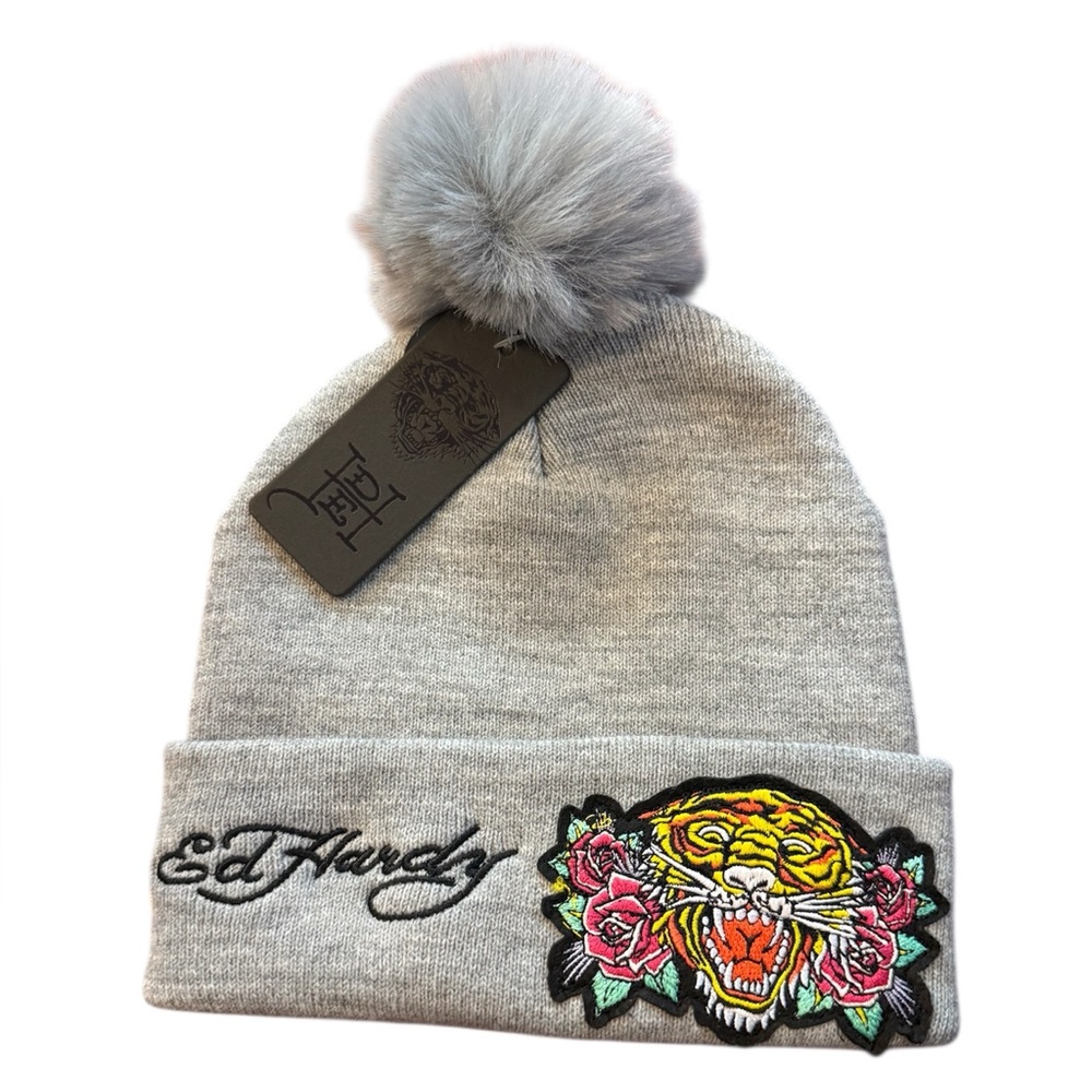 Ed Hardy Gray Beanie with Tiger and Floral Design